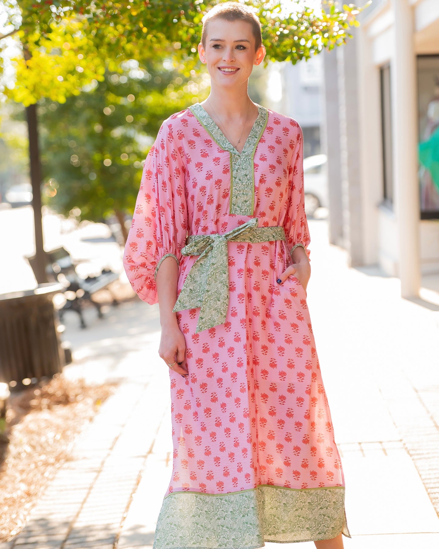 Soraya Floral Print 3/4 Sleeve Midi Dress-Pink