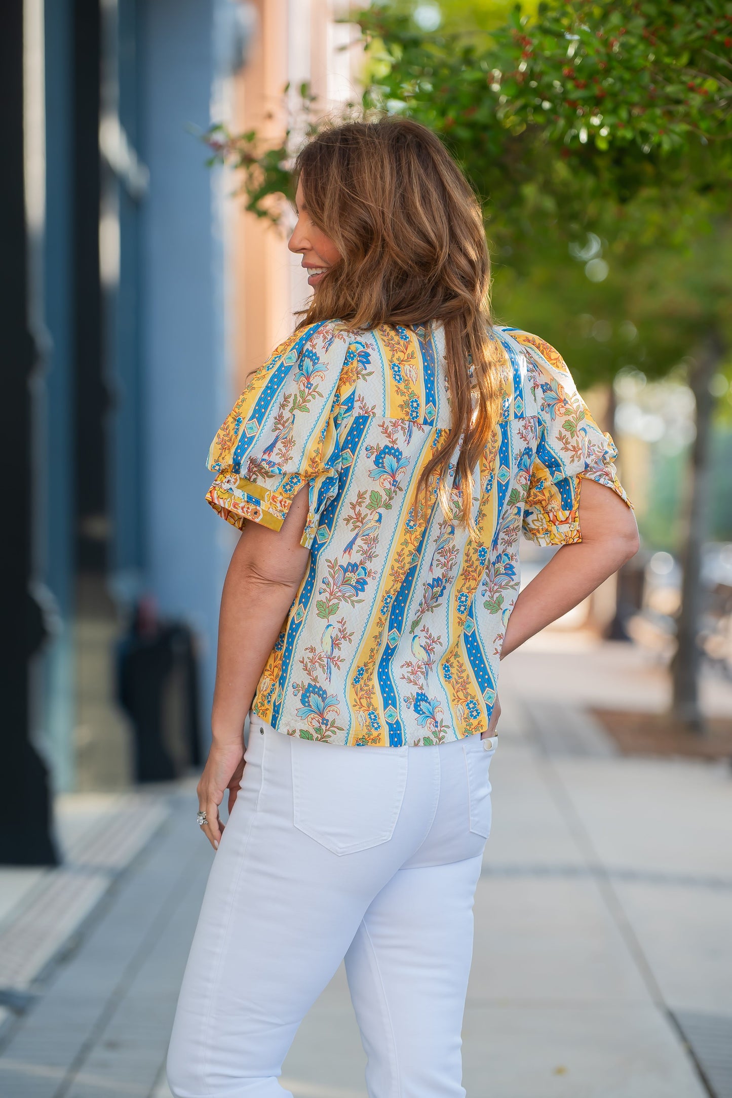 Alamosa Border Print Pin Tuck Bib Top