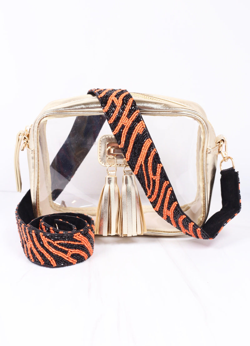 Tiger Stripe Beaded Crossbody Strap-Black Orange - Caroline Hill