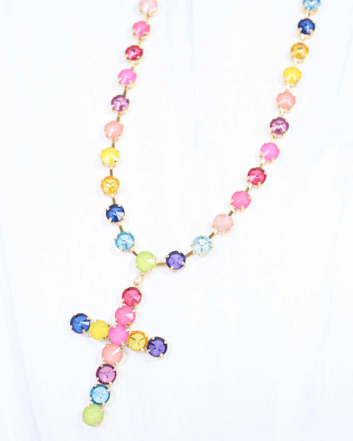 Shalimar Small Cross Rhinestone Necklace Rainbow