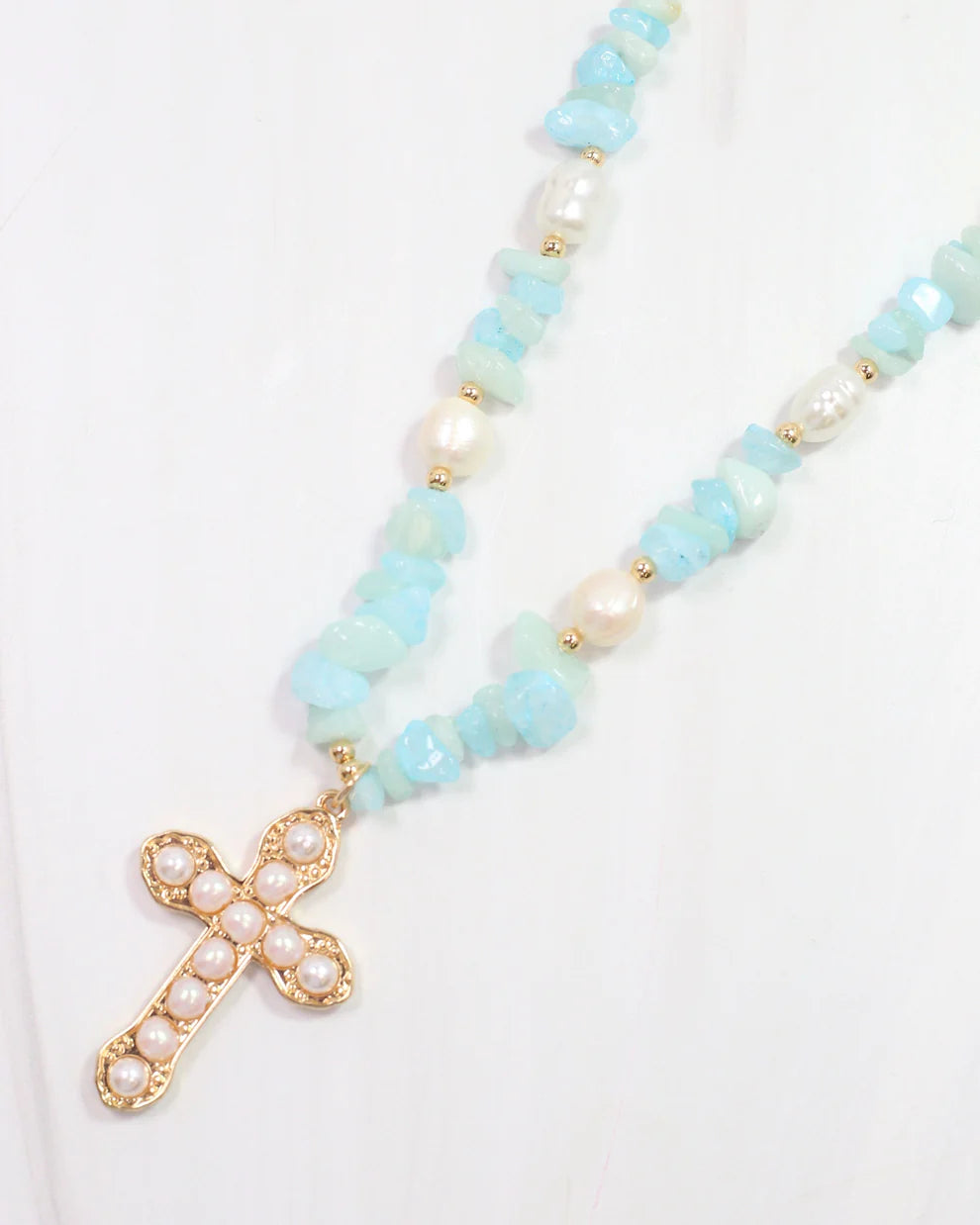 Ankara Mixed Bead Cross Necklace Gold