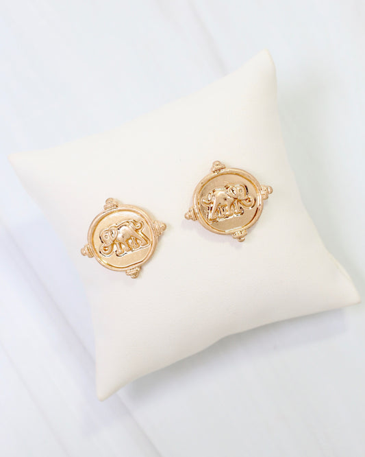 Ilion Elephant Embossed Post Earring Worn Gold