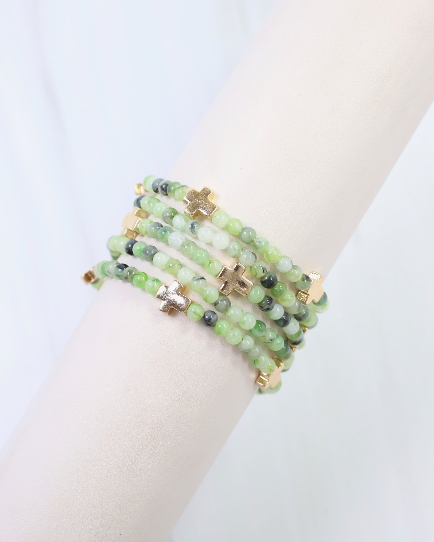 Flint Beaded Cross Stretch Bracelet Set Green