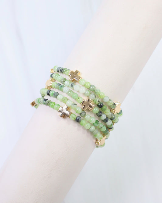 Flint Beaded Cross Stretch Bracelet Set Green