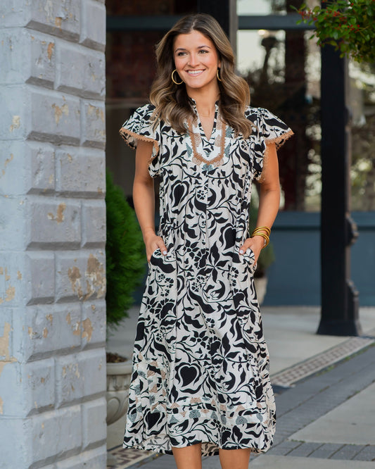Alyson Flutter Sleeve Border Print Dress
