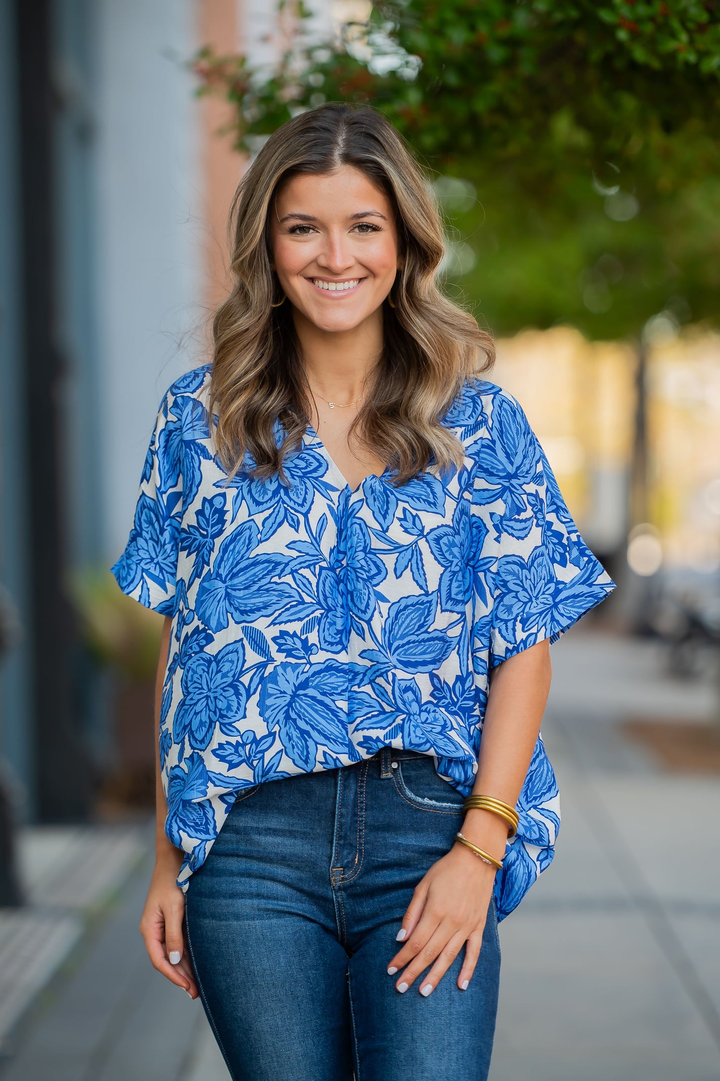 Maryville Drop Shoulder Floral Top-Blue