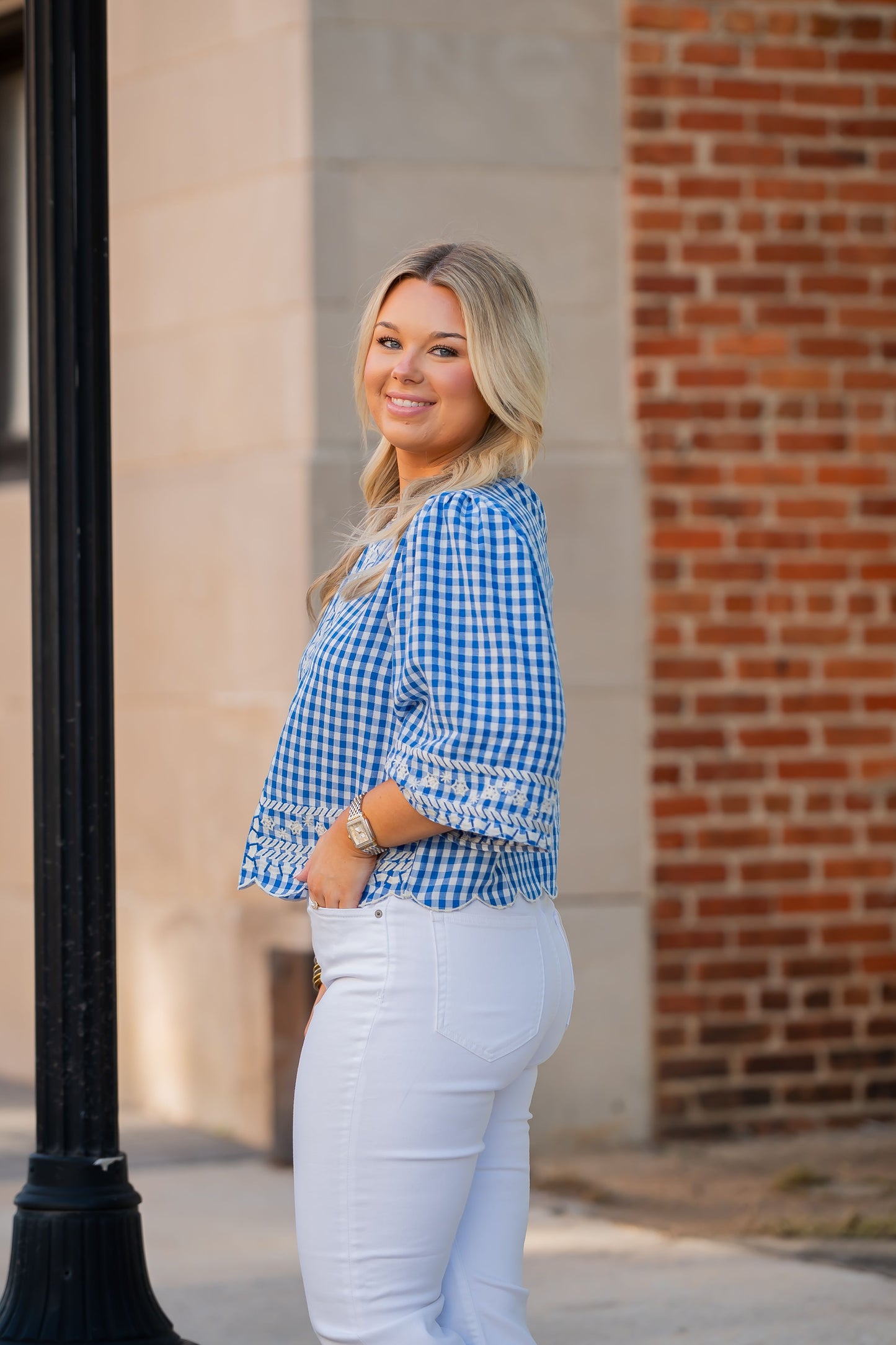 Galena Gingham Print Embroidery Top