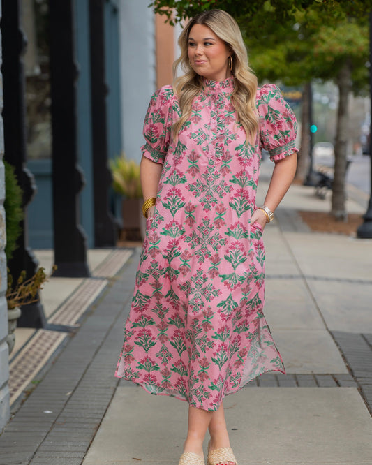 Ailani Floral 3/4 Button Down Dress-Pink