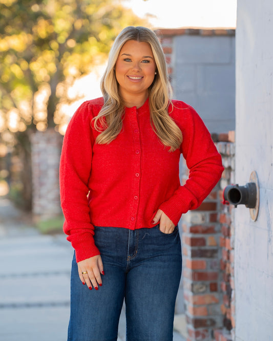 Reading Puff Sleeve Cardigan-Red