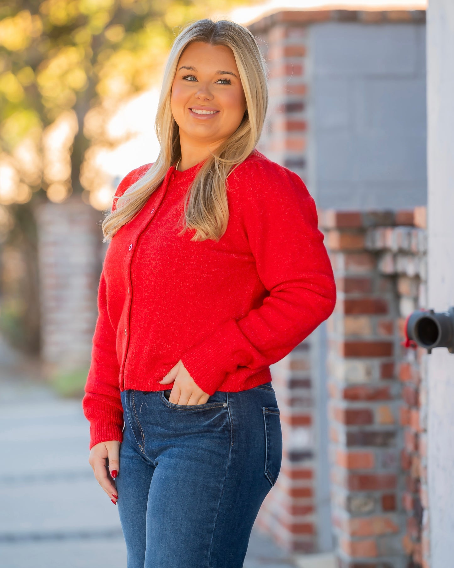 Reading Puff Sleeve Cardigan-Red