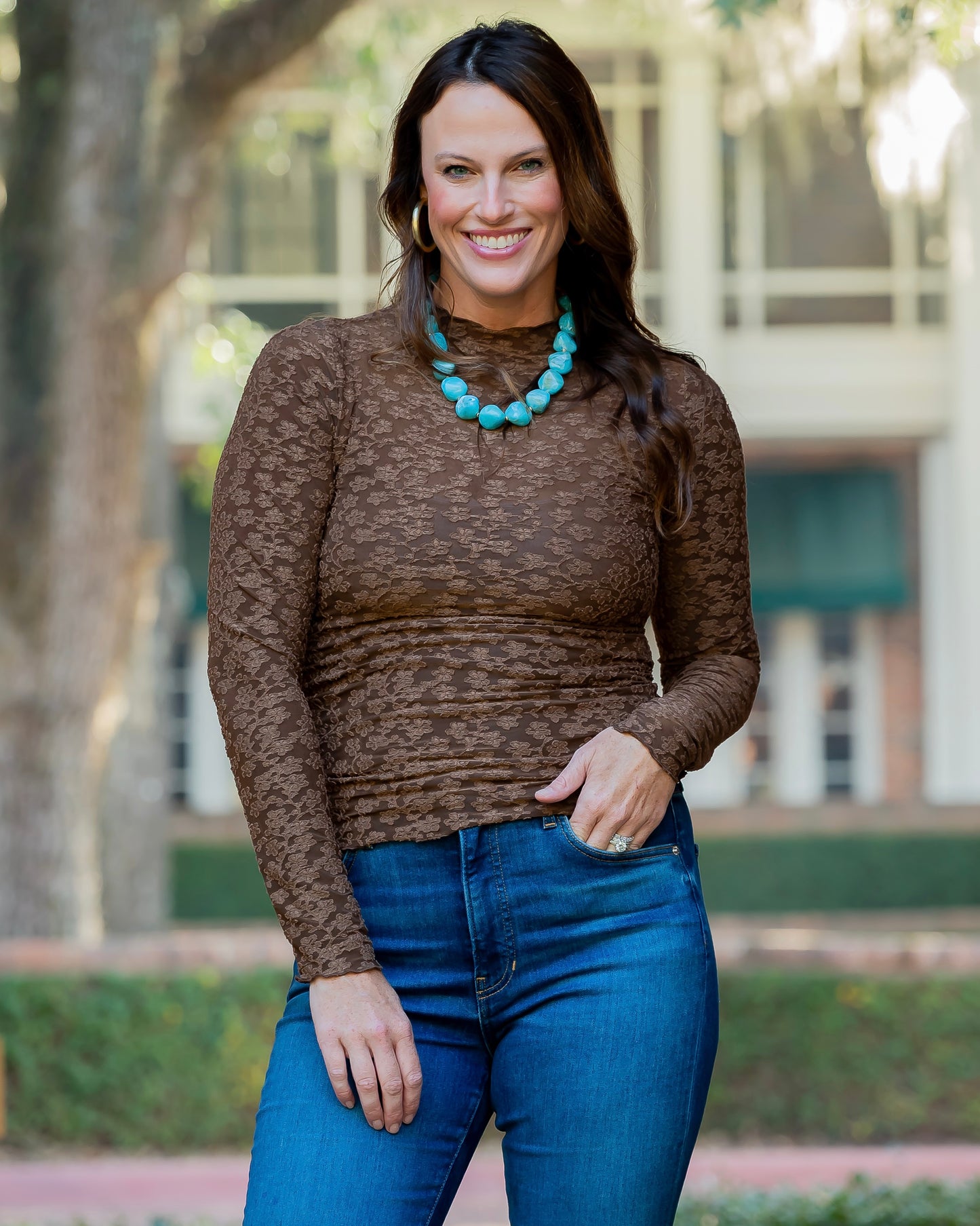 Meredith Lace Fitted Top-Brown