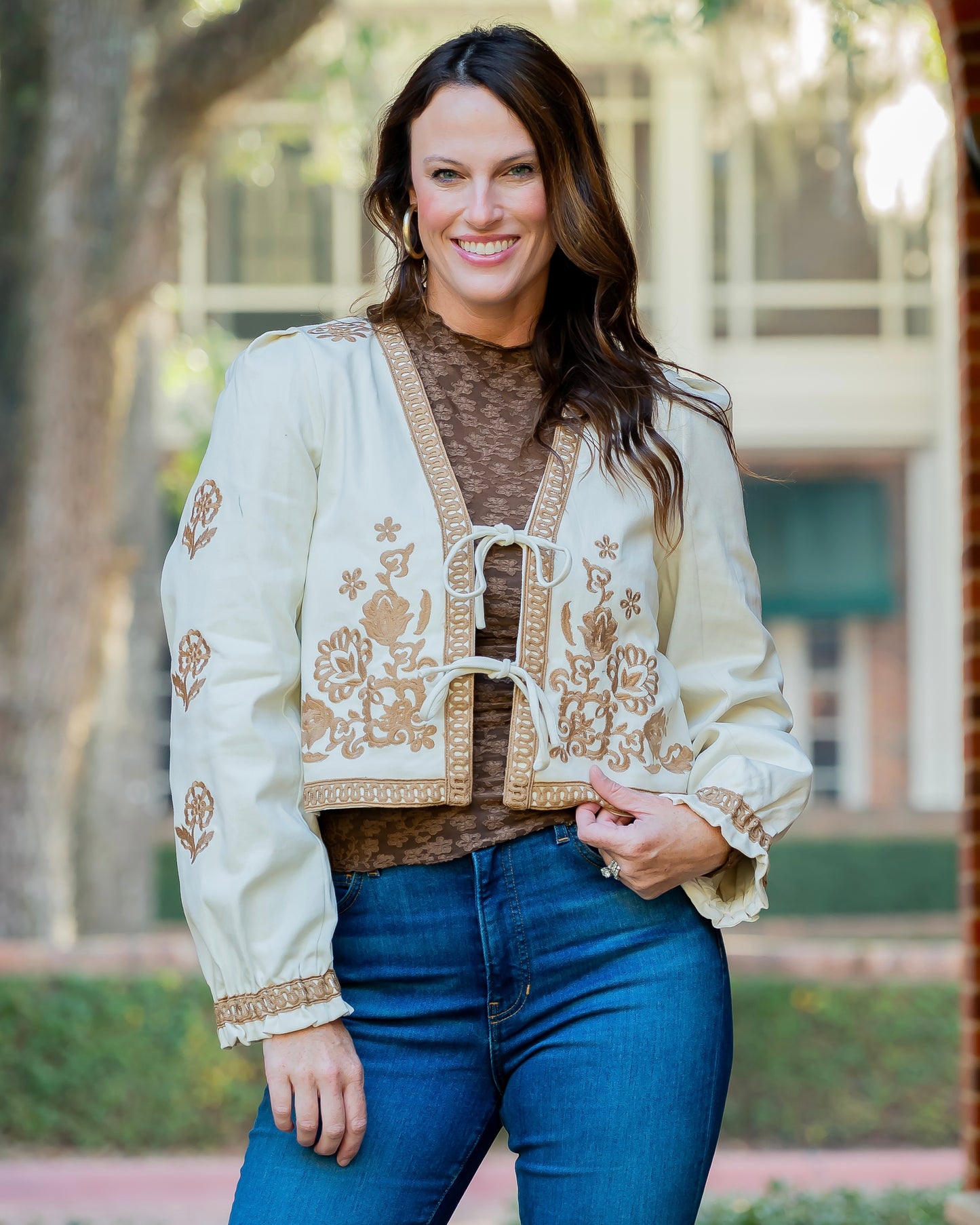 Abbi Ecru Front Tie Embroidered Jacket