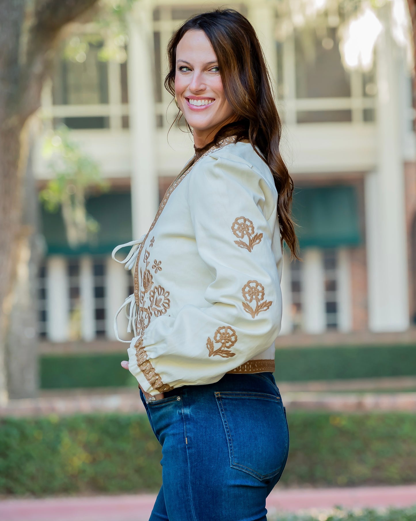 Abbi Ecru Front Tie Embroidered Jacket