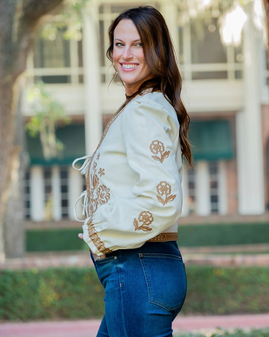 Abbi Ecru Front Tie Embroidered Jacket