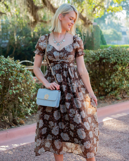 Fall Vibes Brown Floral Print Midi Dress