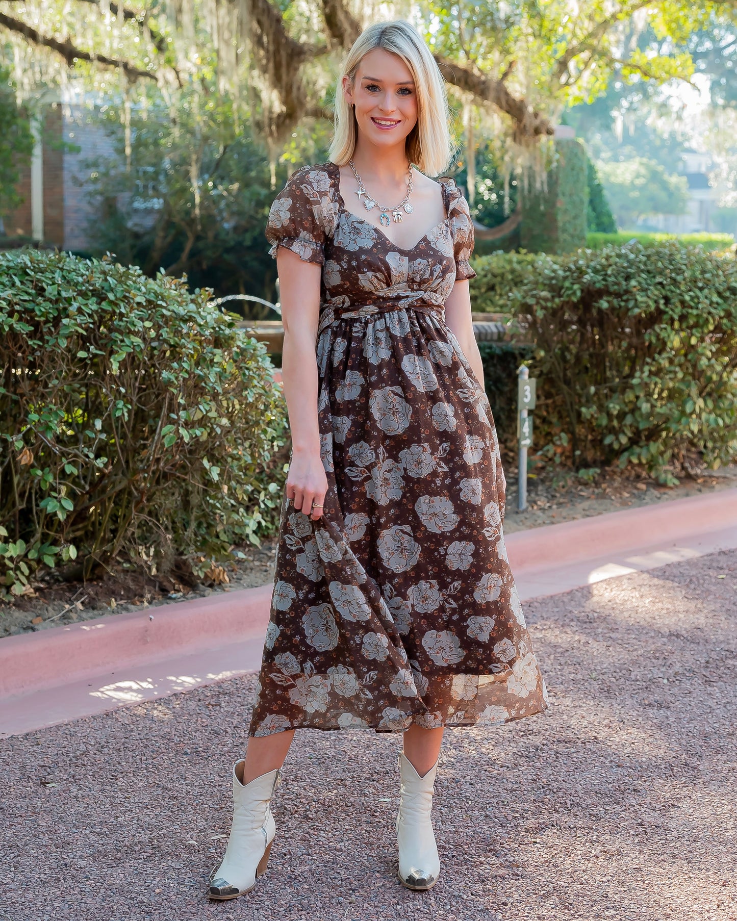 Fall Vibes Brown Floral Print Midi Dress
