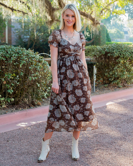 Fall Vibes Brown Floral Print Midi Dress