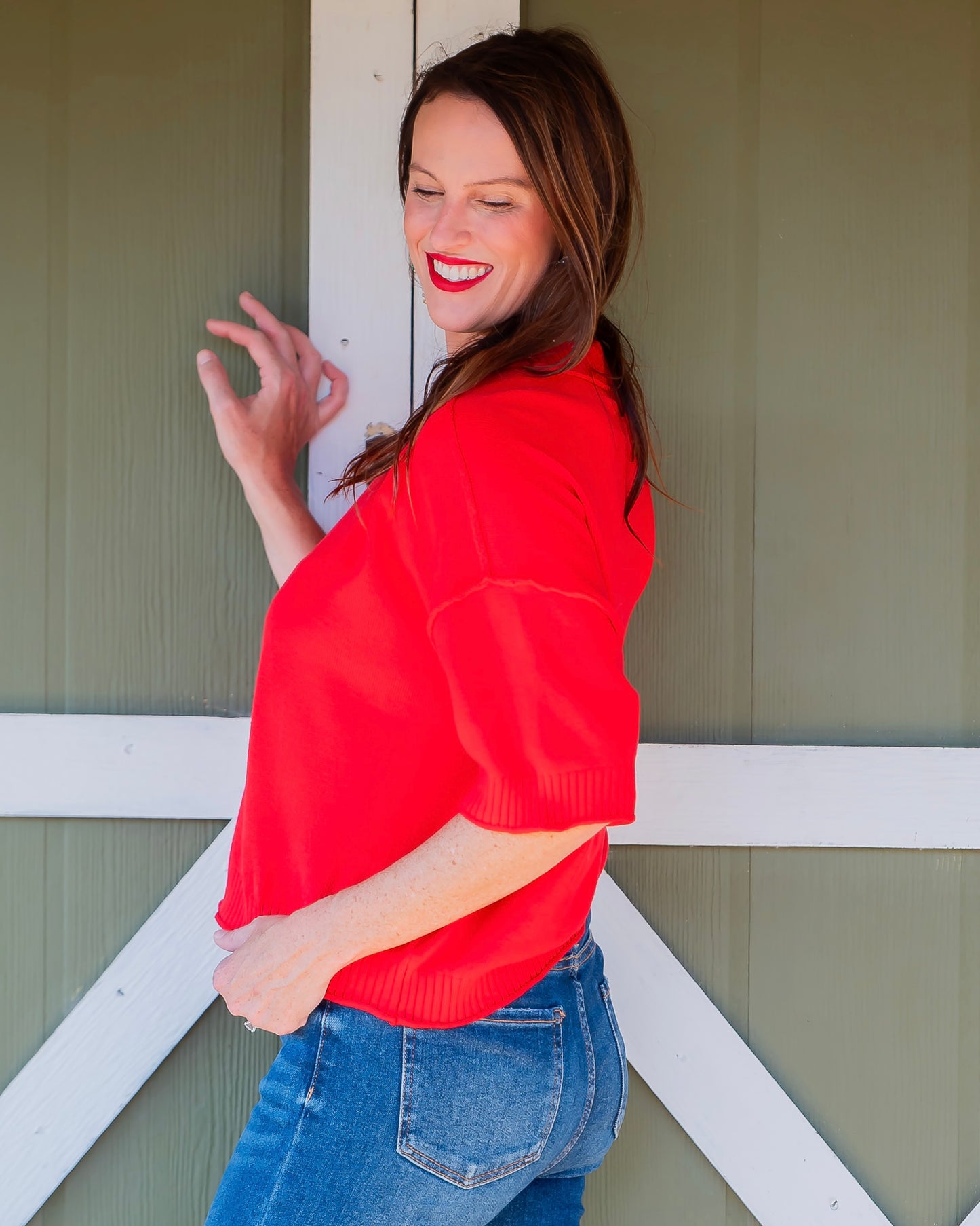 Glenville Short Sleeve Sweater-Red