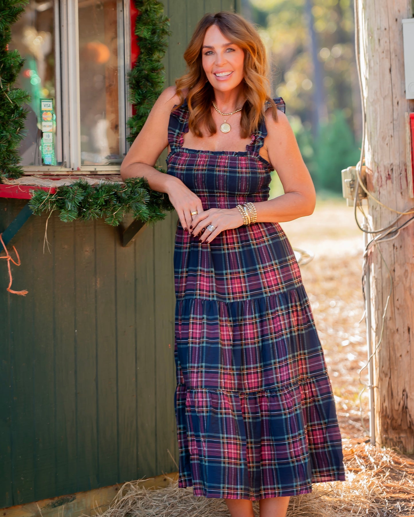 Logan Plaid Midi Dress- Navy