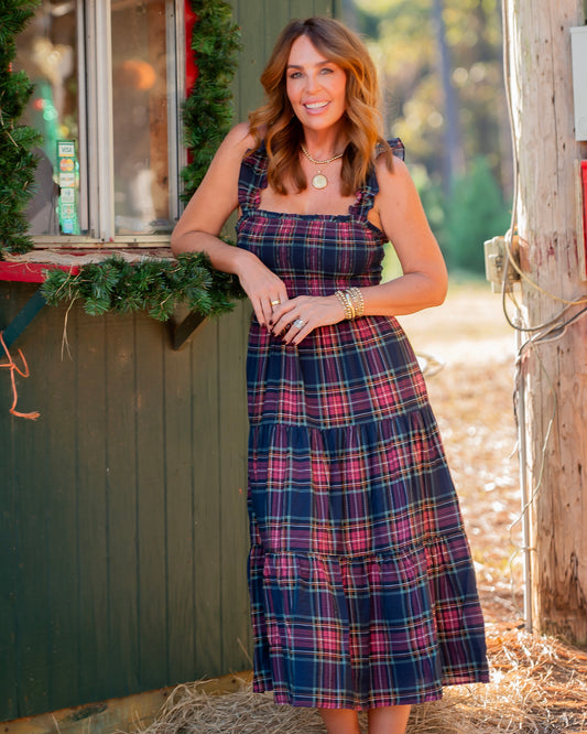 Logan Plaid Midi Dress- Navy