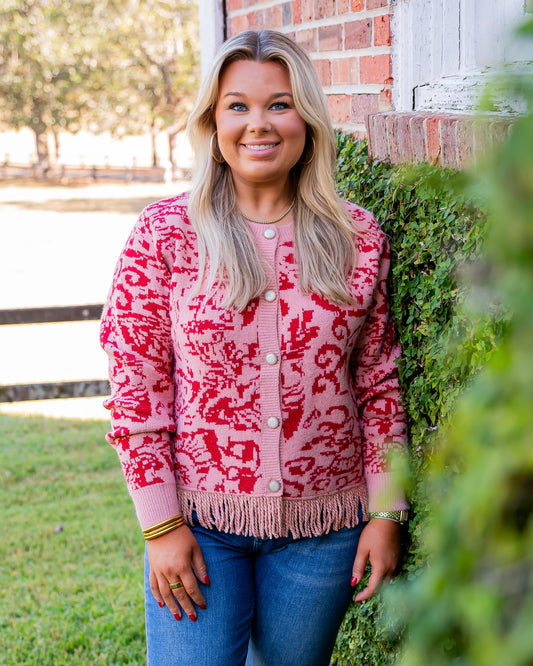 Everett Fringed Cardigan-Coral Red