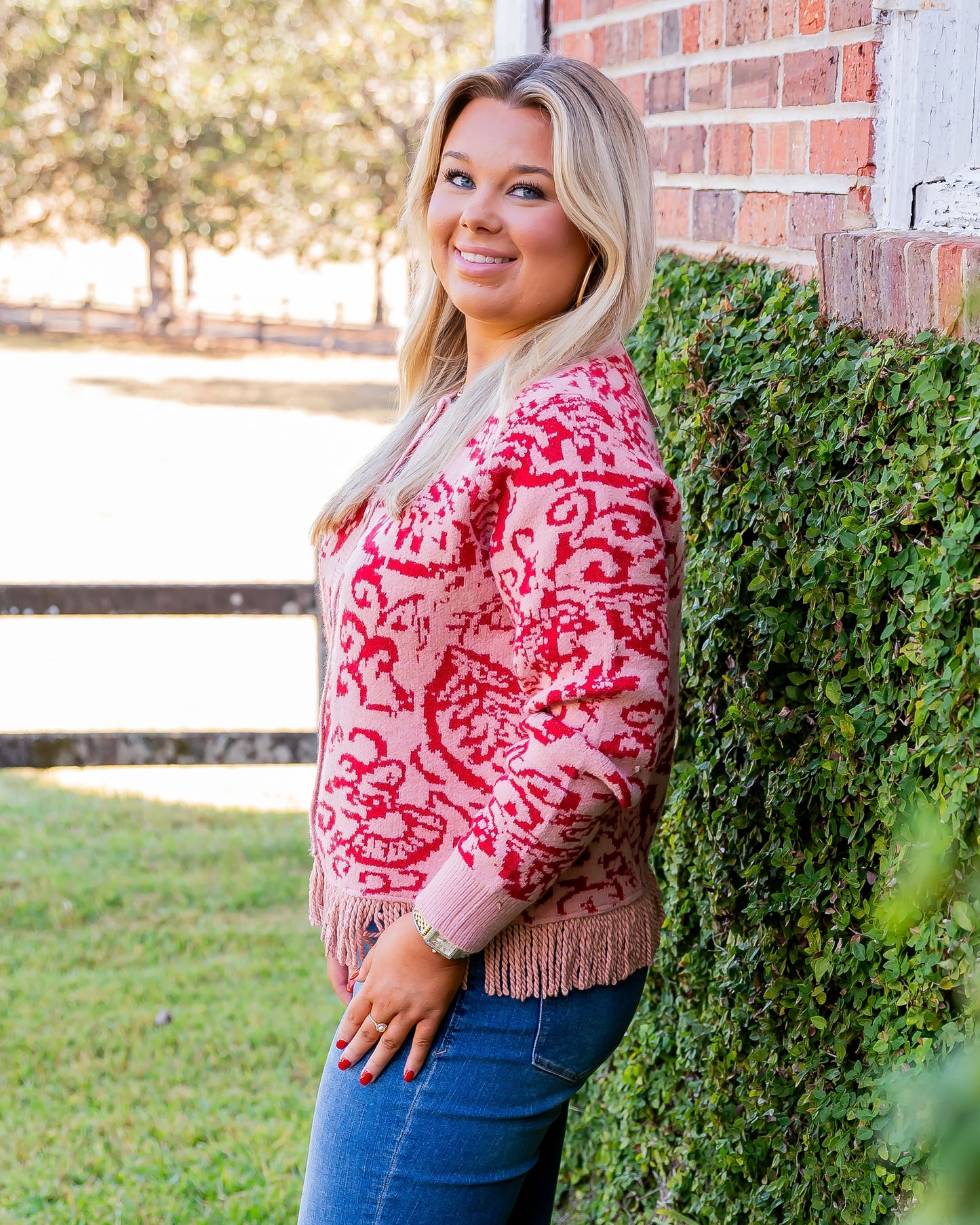 Everett Fringed Cardigan-Coral Red