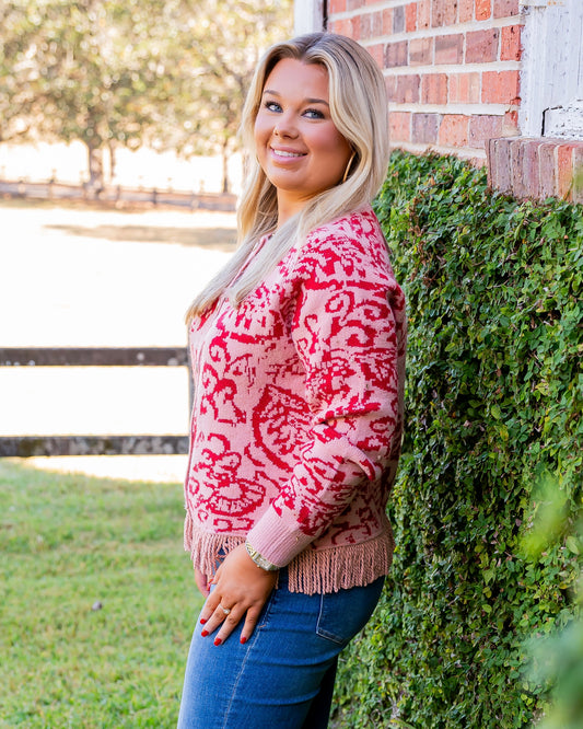Everett Fringed Cardigan-Coral Red