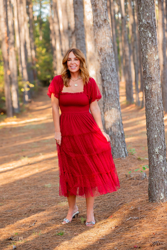 Reese Dotted Midi Dress- Burgundy