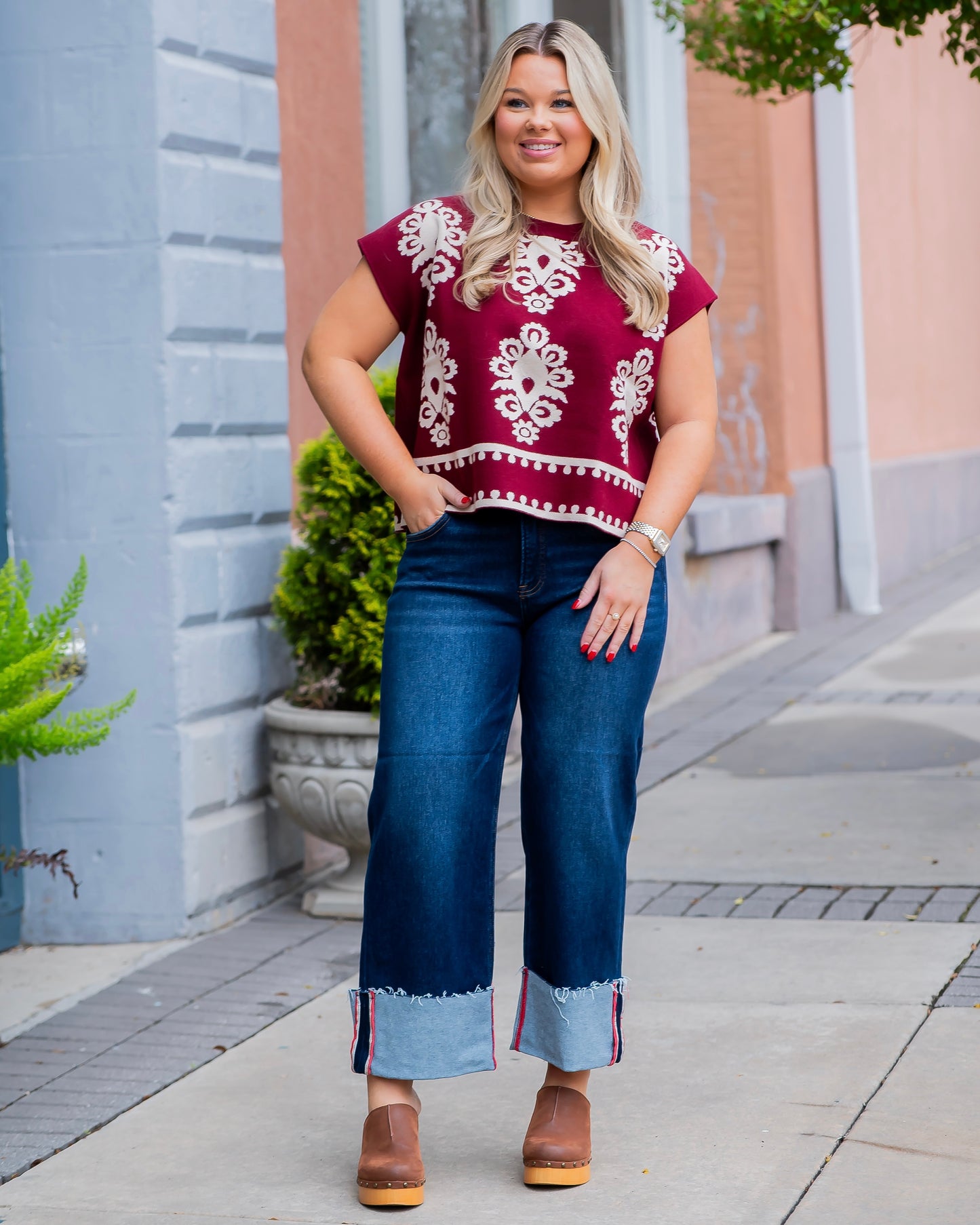 Darling Damask Print Top- Garnet