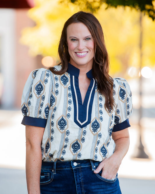 Shelby Embroidered Top- Navy