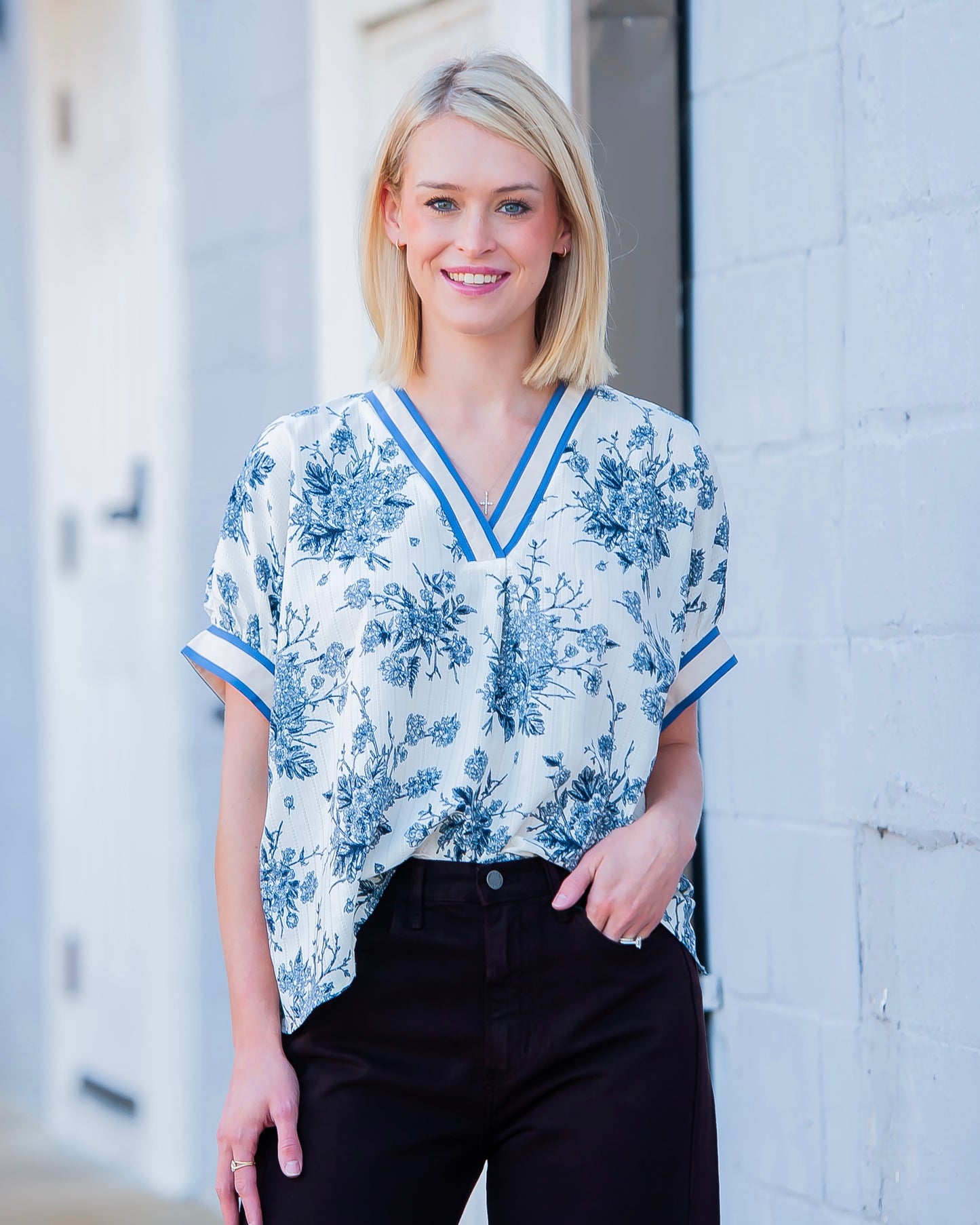 Victorian Floral Print Top- Blue