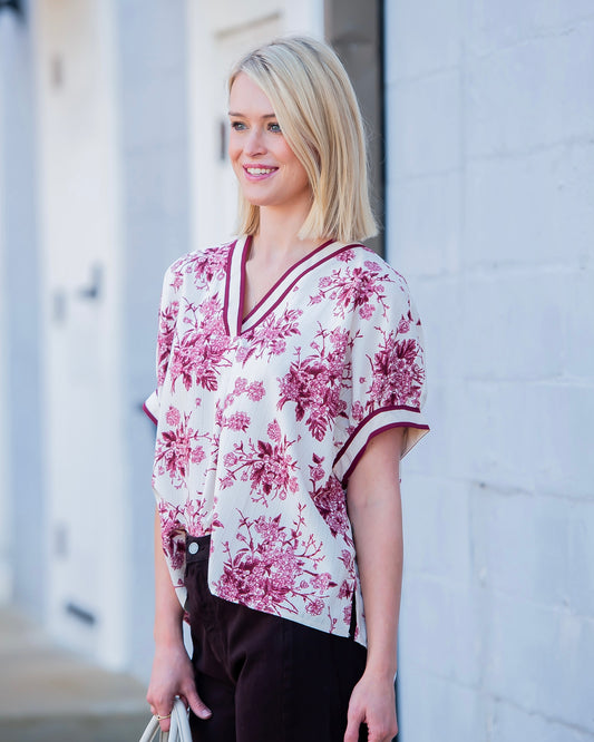 Victorian Floral Print Top- Garnet