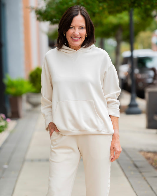 Hudson Satin Trim Hooded Sweatshirt- French Vanilla