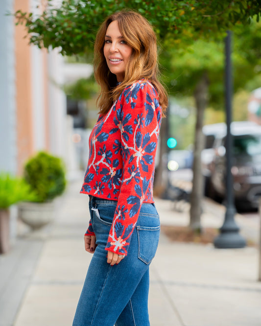 Annabella Floral Print Sweater-Red Navy