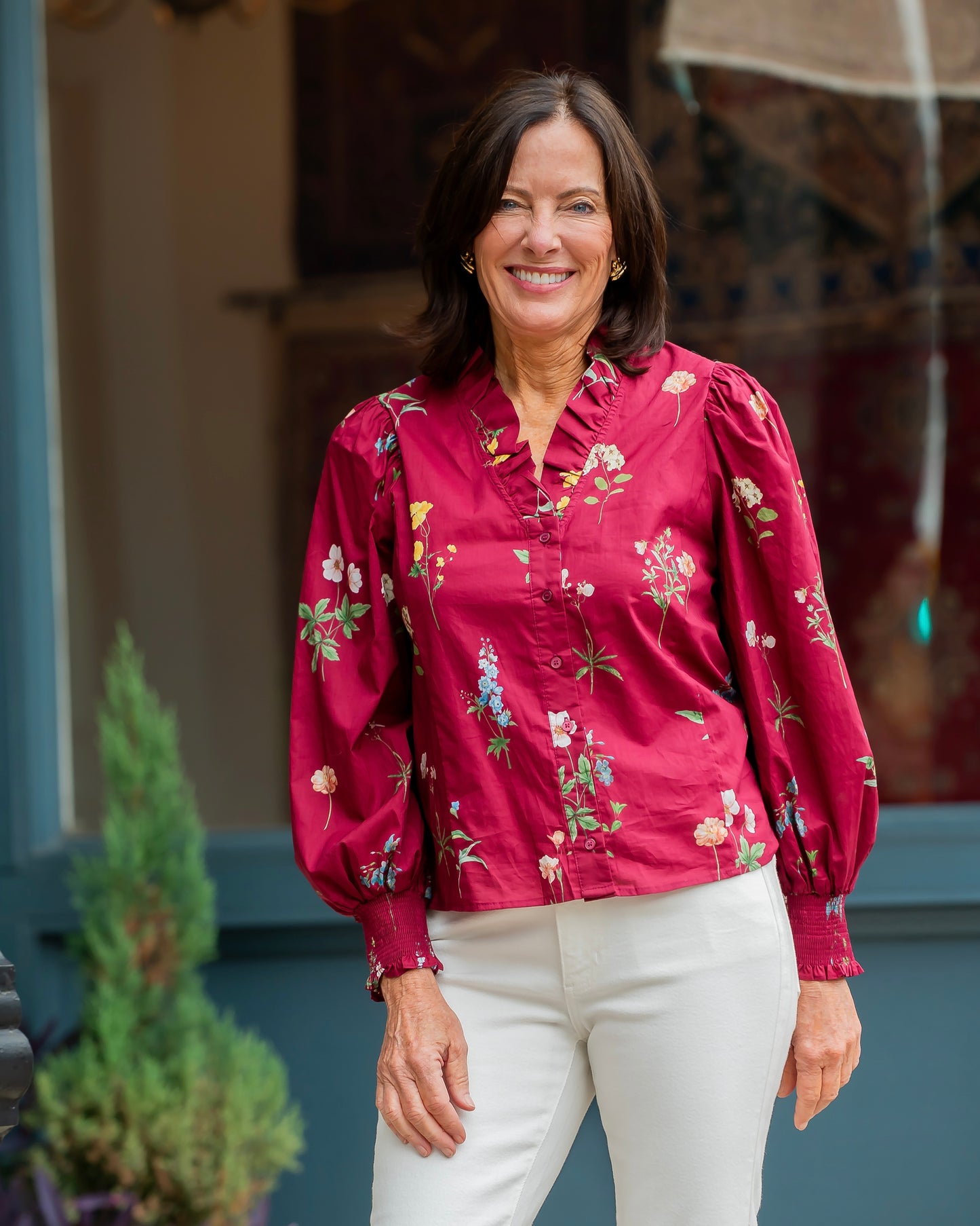 Ingrid Floral Long Sleeve Top- Garnet