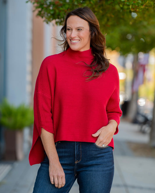 Boho Mock Neck Sweater - Berry Red