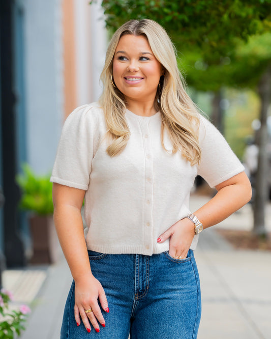 Easton Puff Sleeve Cardigan-Ivory Beige