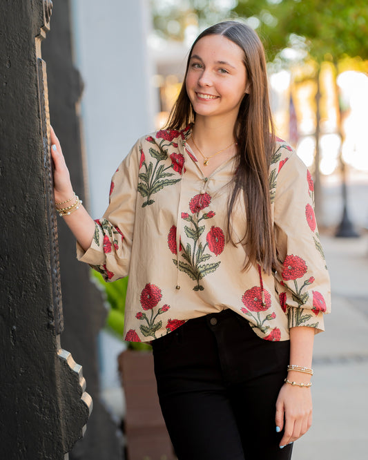 Tennille Floral Tie Neck Top-Ecru