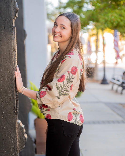 Tennille Floral Tie Neck Top-Ecru