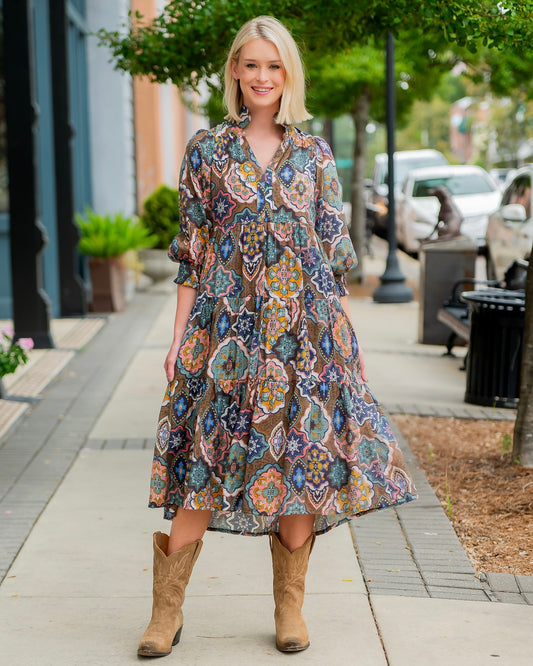 Bryson Boho Printed Midi Dress-Brown