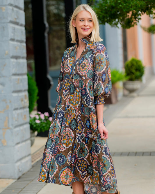 Bryson Boho Printed Midi Dress-Brown
