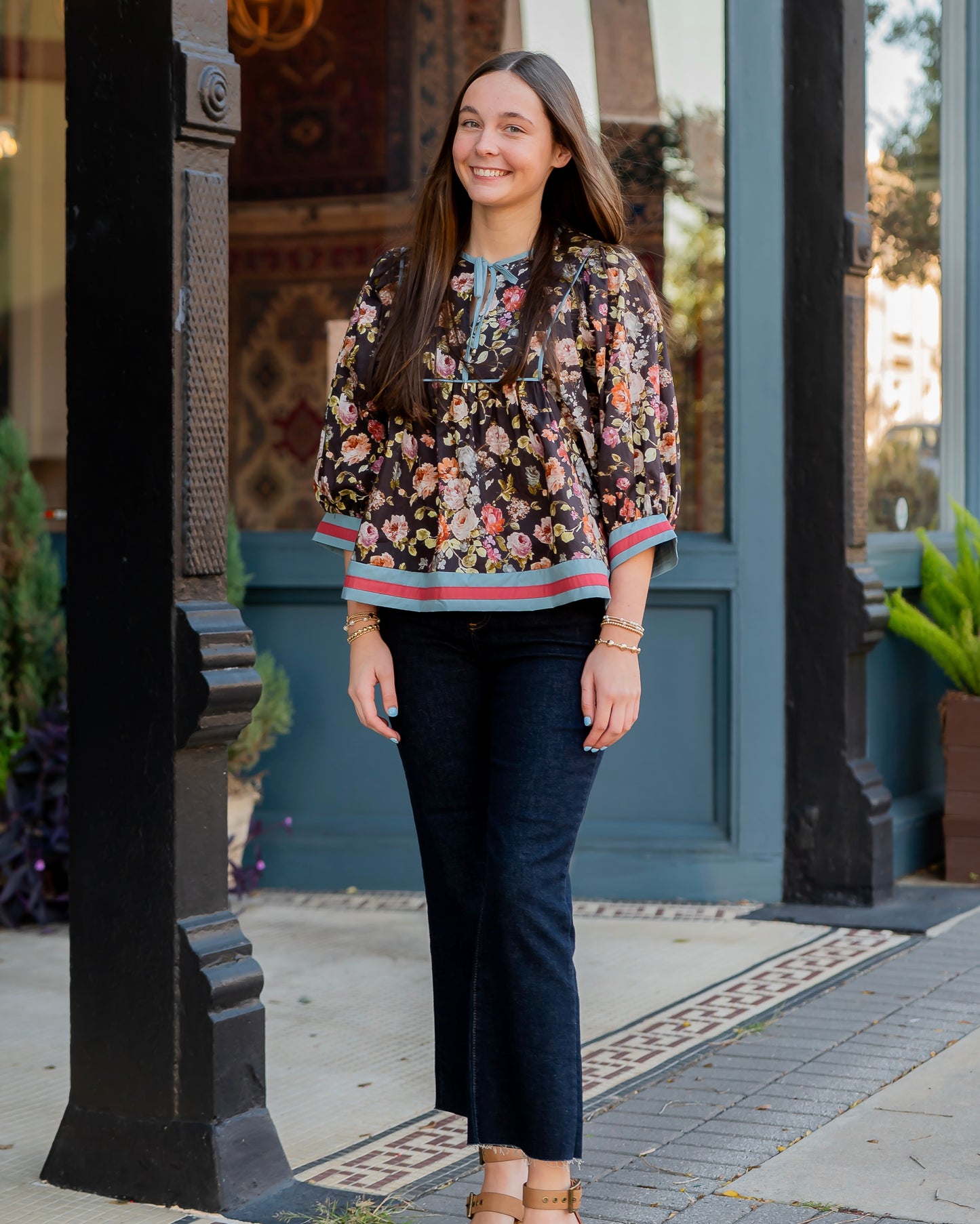 Maxine Floral Empire Waist Top- Brown