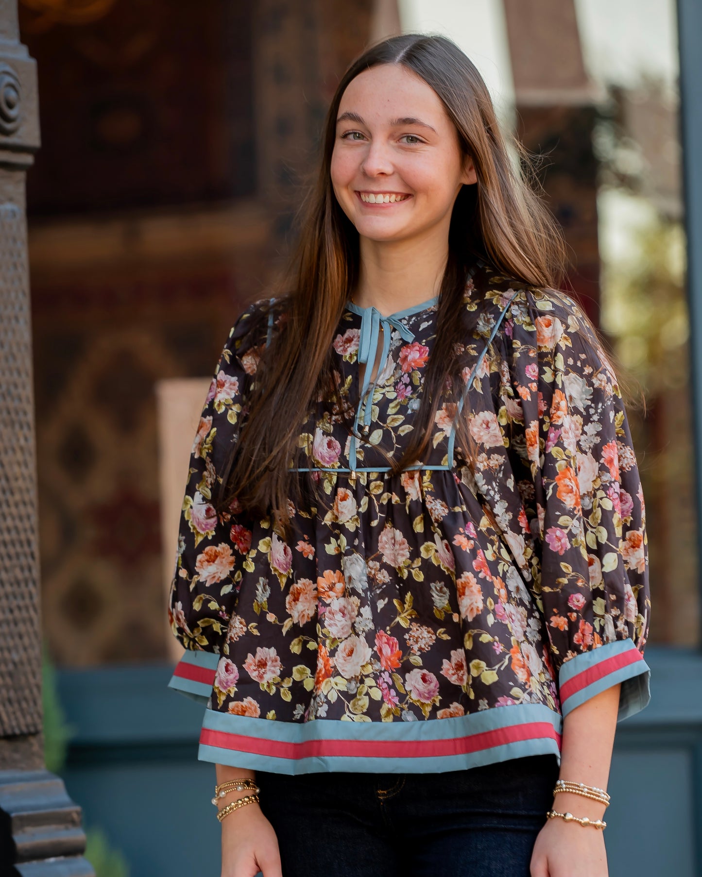 Maxine Floral Empire Waist Top- Brown