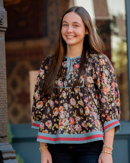 Maxine Floral Empire Waist Top- Brown