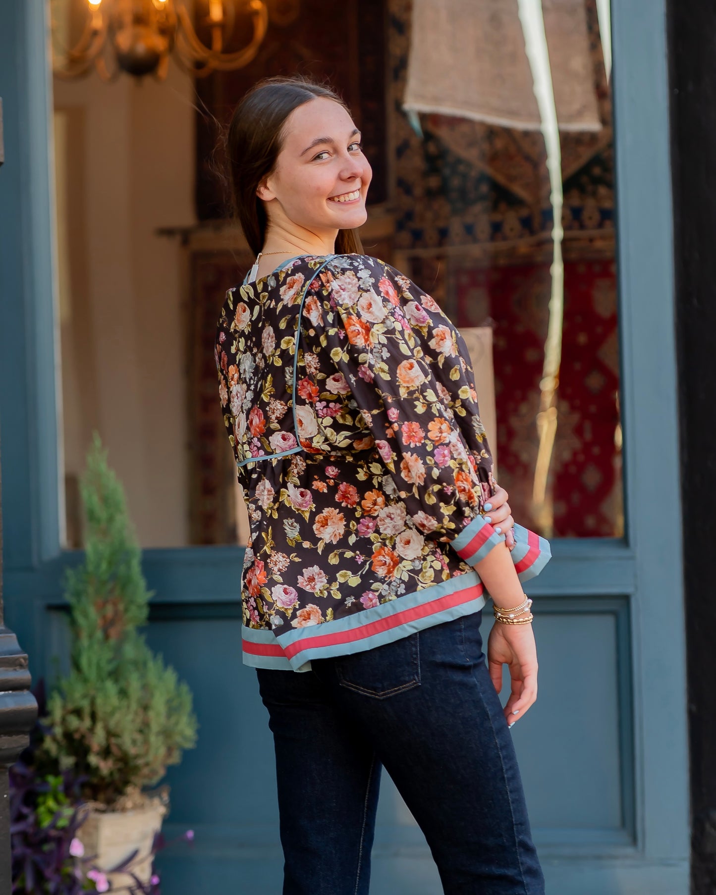 Maxine Floral Empire Waist Top- Brown