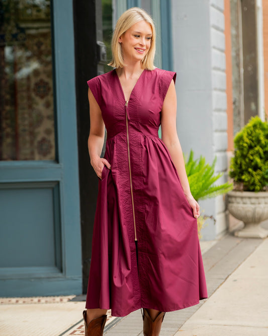 Portland Front Zip Midi Dress-Wine
