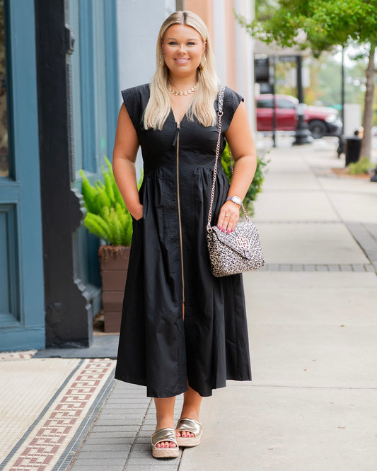 Portland Front Zip Midi Dress-Black