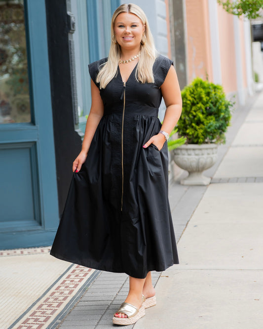 Portland Front Zip Midi Dress-Black