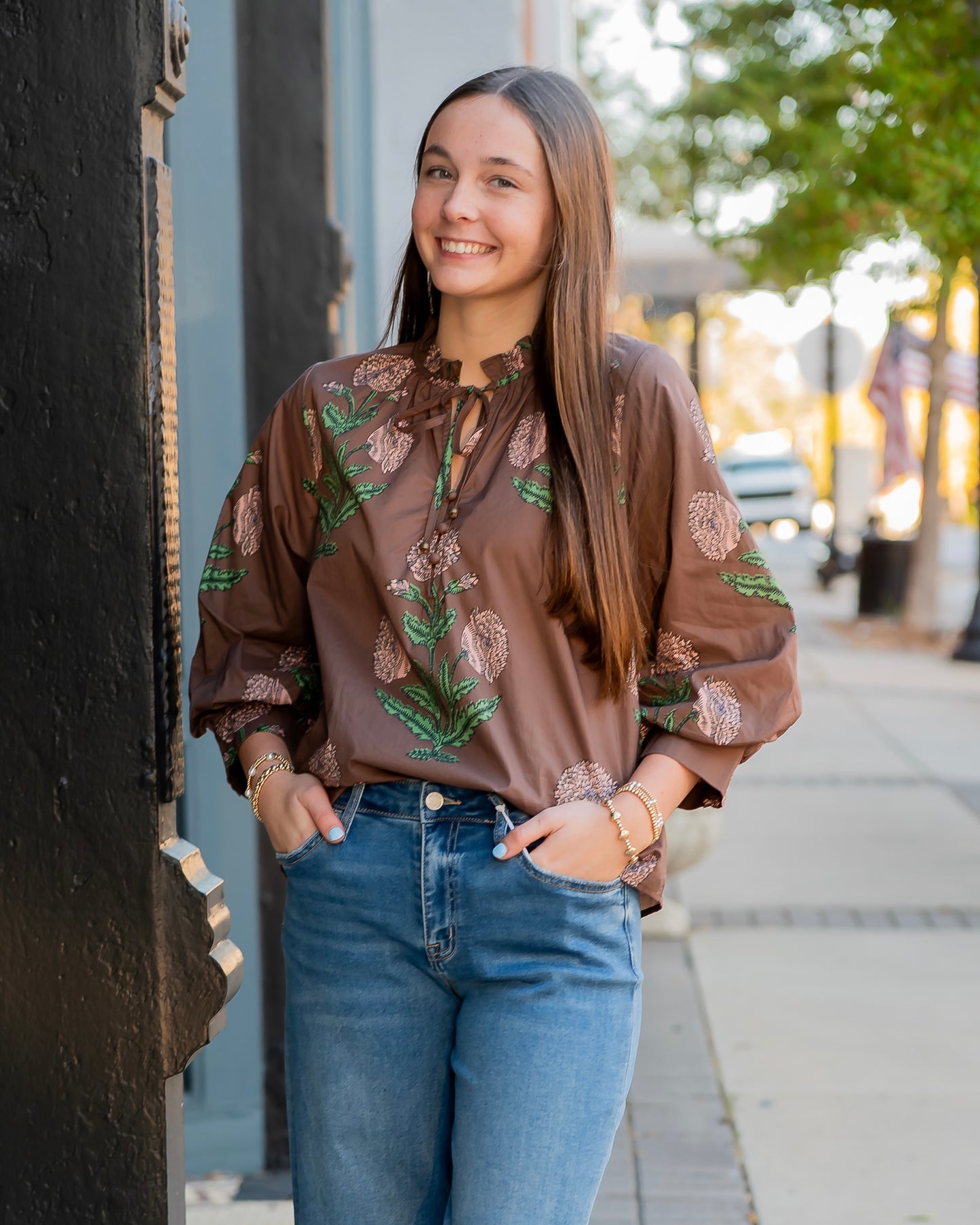 Tennille Floral Tie Neck Top-Brown