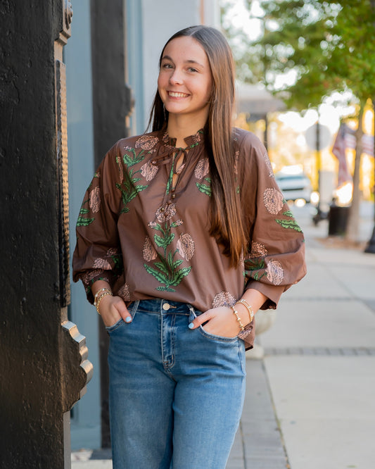 Tennille Floral Tie Neck Top-Brown